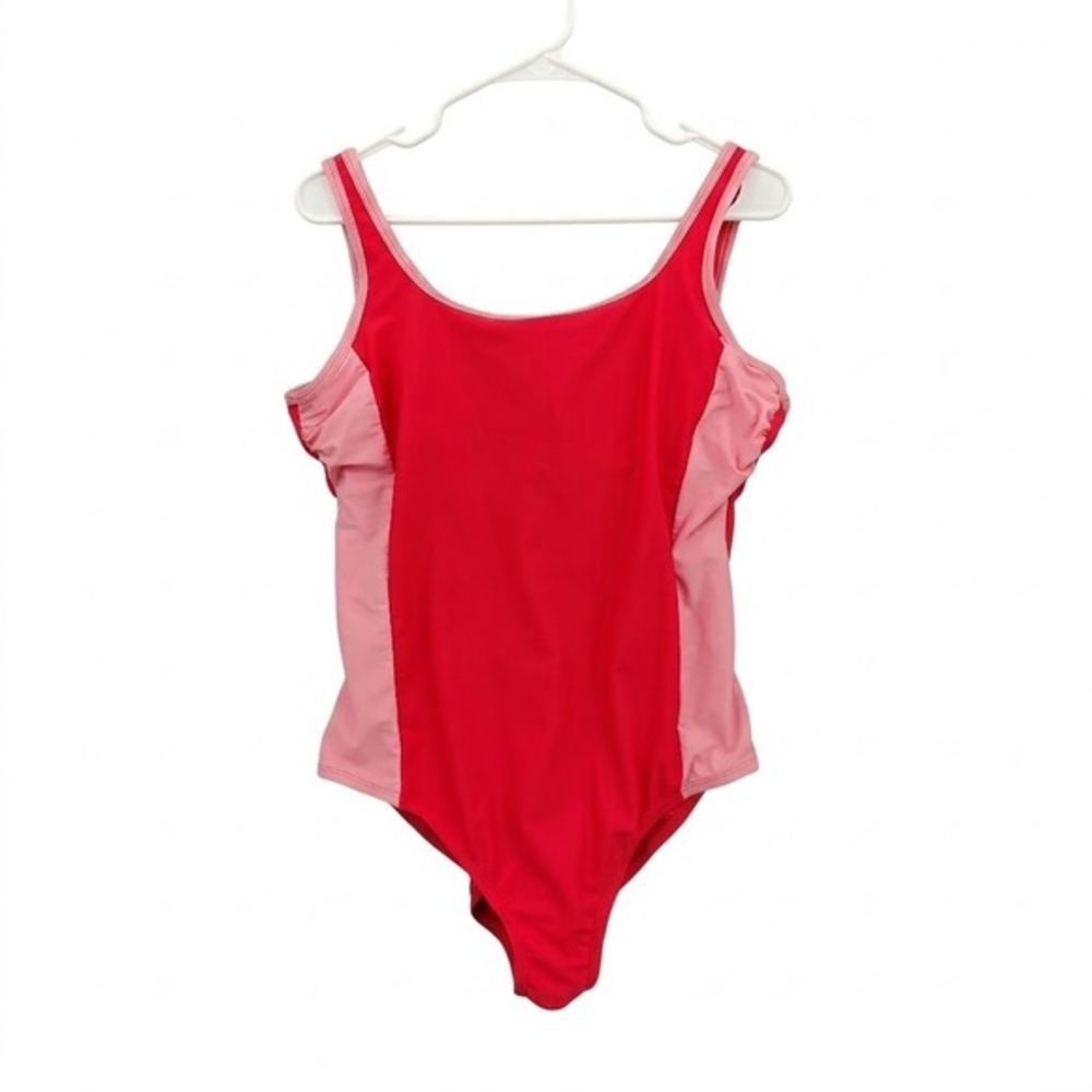 Lands' End Womens Sporty Colorblock One Piece Swimsuit L 14/16 Red Pink Scoop